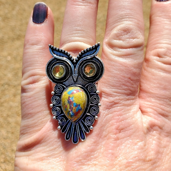 New Mosaic Jasper & Citrine Mystical Owl 925 Silver Ring. - Picture 5 of 12